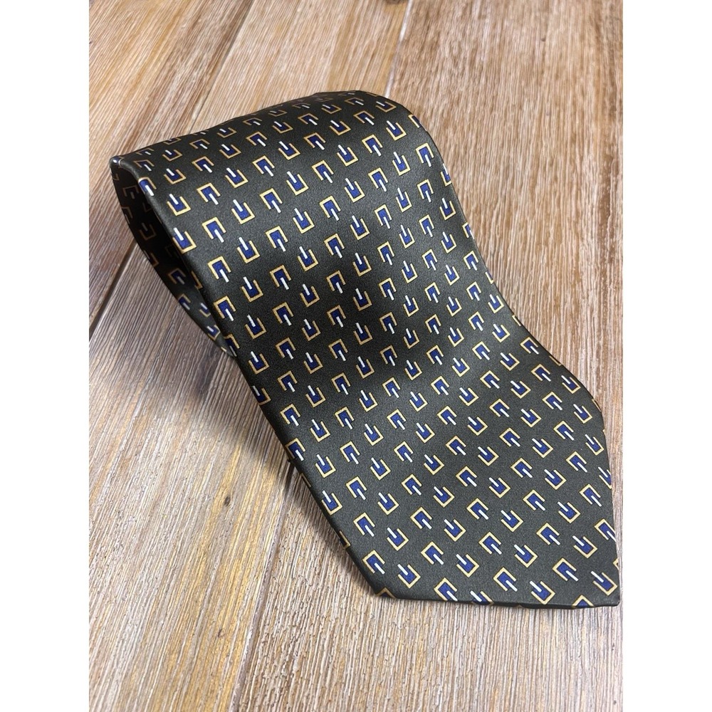 Villa Bugatti 100% Italy Silk Tie Made USA Olive Green Blue Geometric Necktie